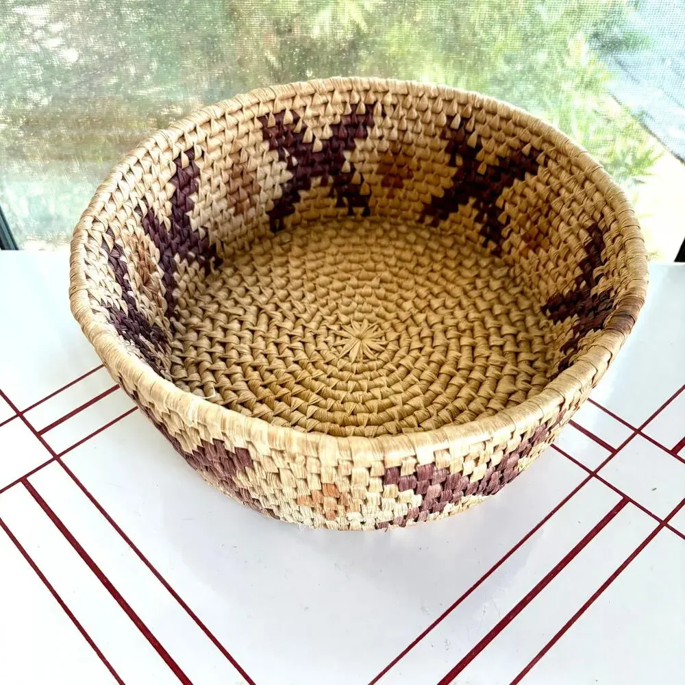 Vintage Woven Basket Bowl Natural Fiber Geometric Pattern 10 Inch